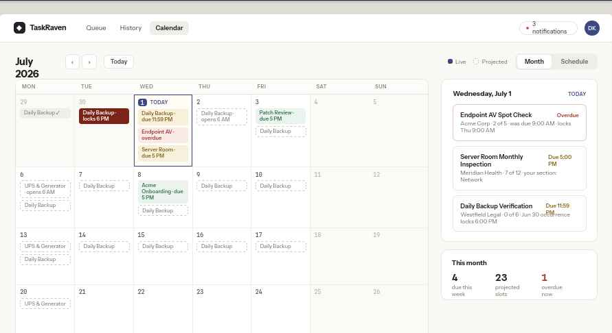 Calendar of scheduled occurrences